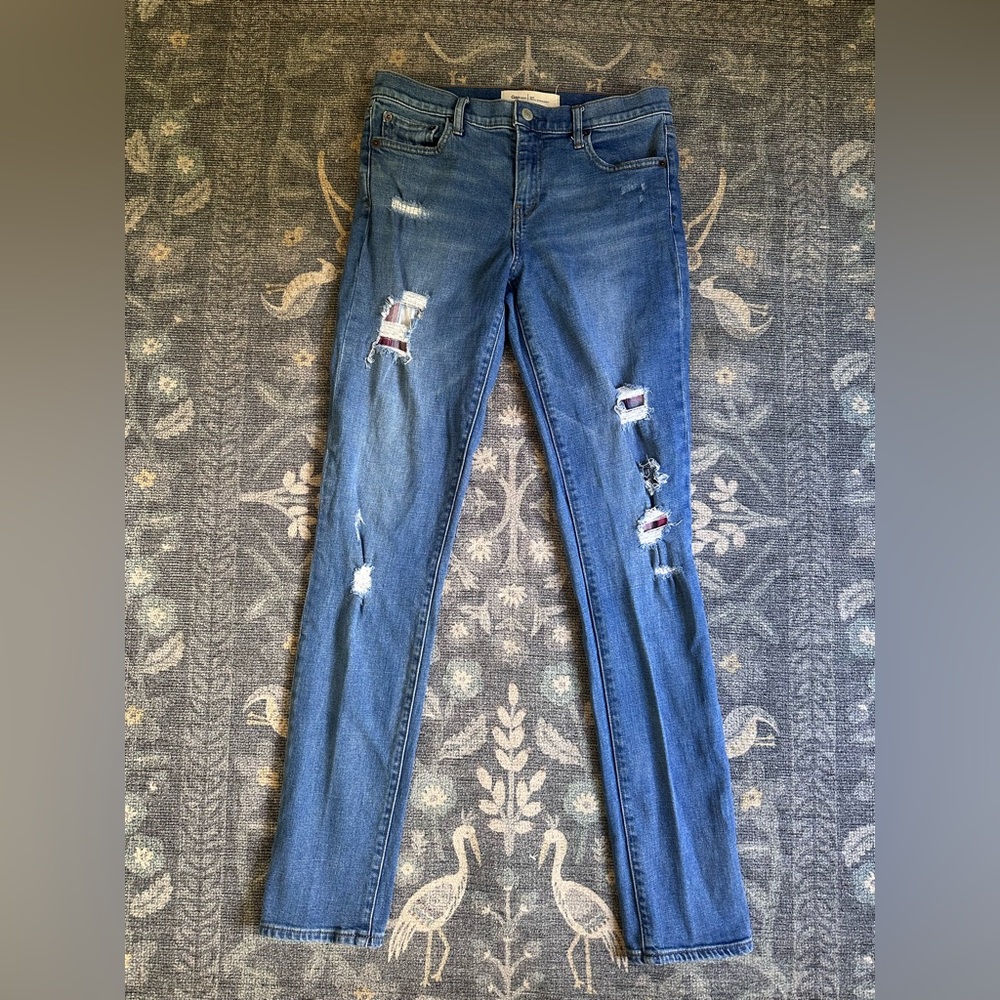 GAP Women's Real Straight Leg Blue Jeans with Flannel Backed Distressed Details